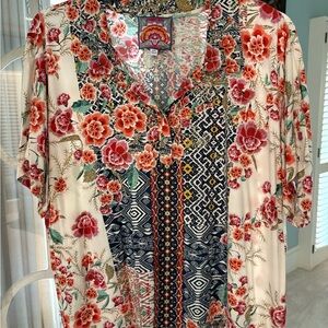 Johnny Was Red and Blue Graphic Blouse